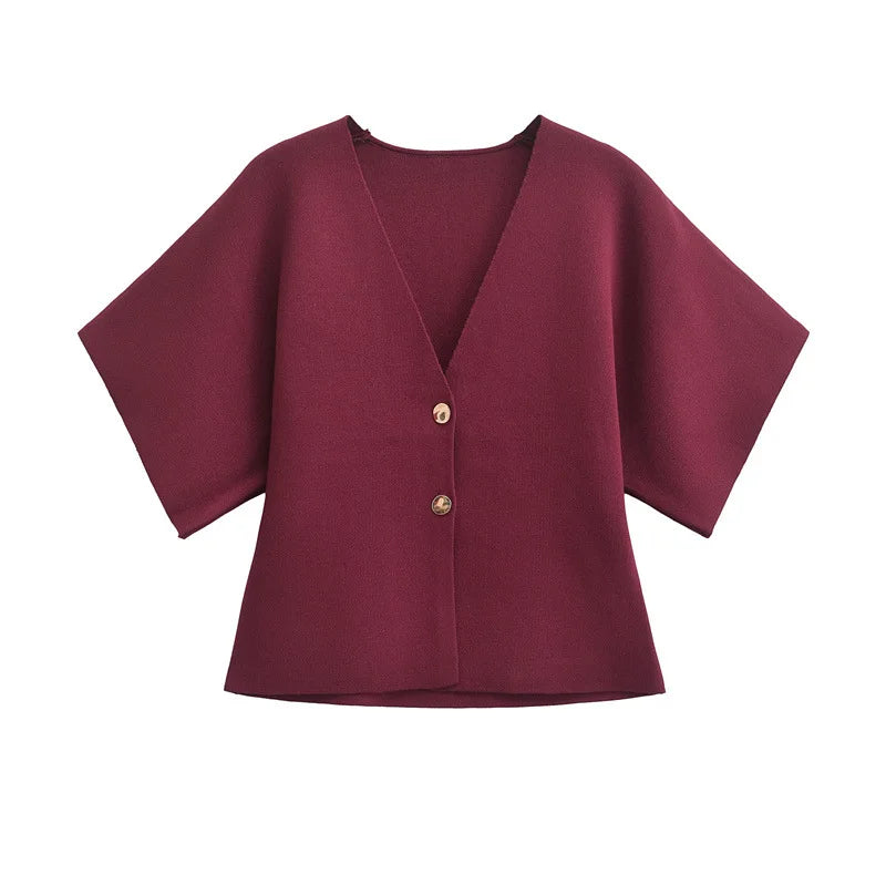 MAAYAH Knit Cardigan — V-Neck, Short Sleeve